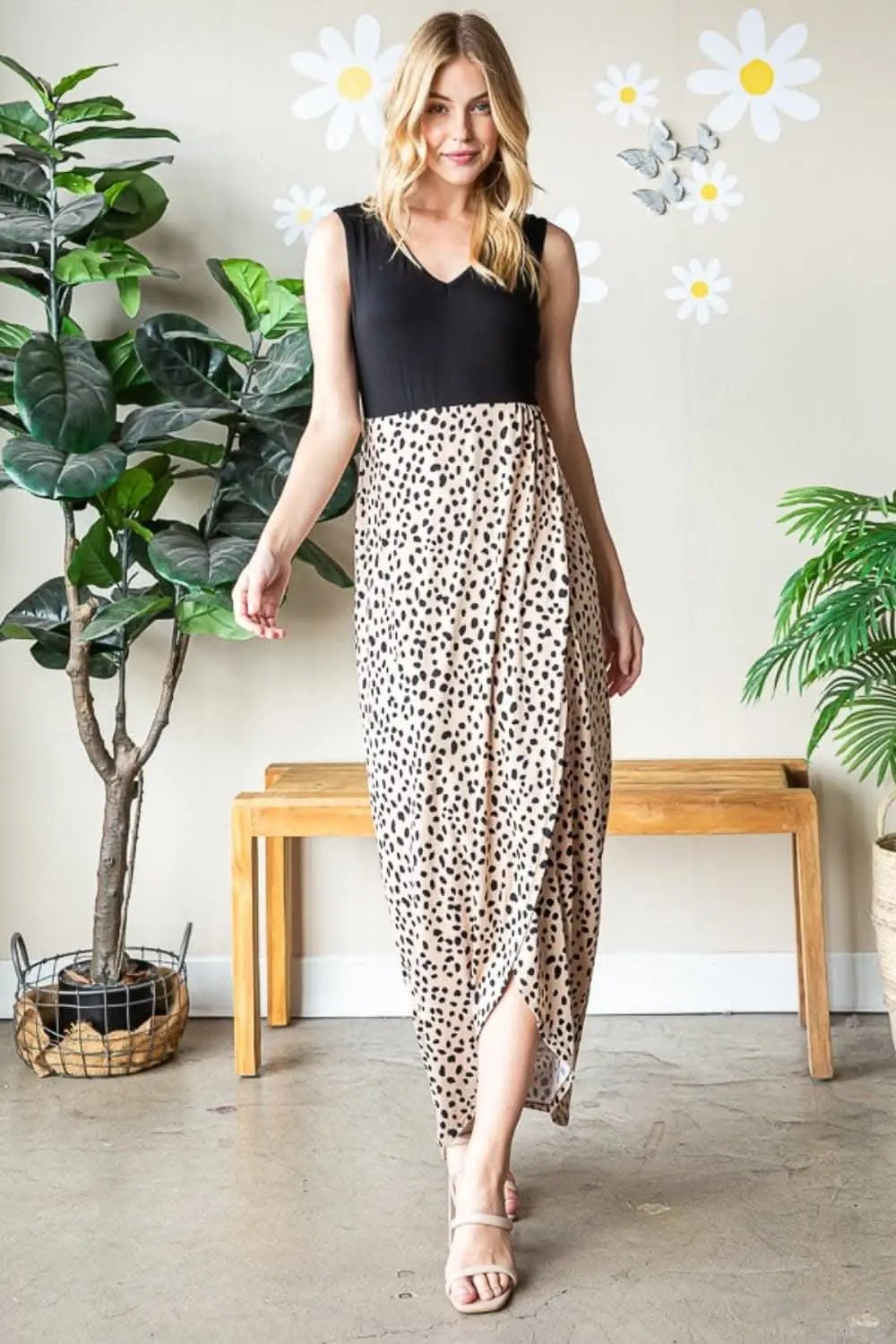 Heimish Full Size Slit Animal Print V-Neck Wide Strap Dress - Love Salve